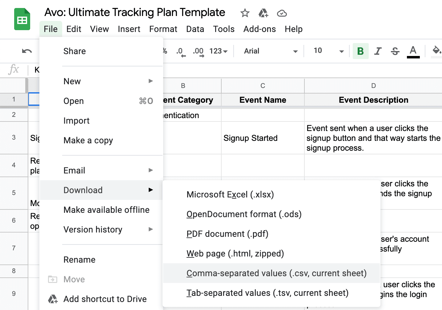 Screenshot of the Download CSV button in Google Sheets