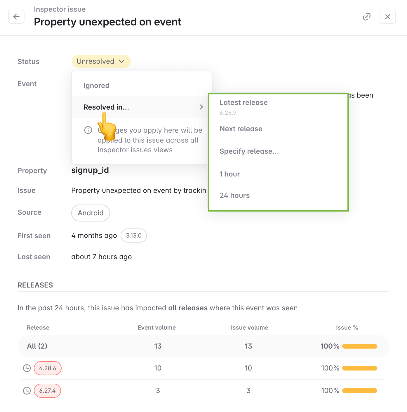 Image shows resolved issue options.